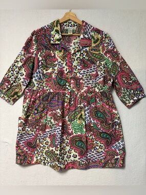 Y2K Vintage Denim 24/7 Paisley Patchwork Shirt Dress Tunic Boho Cottagecore